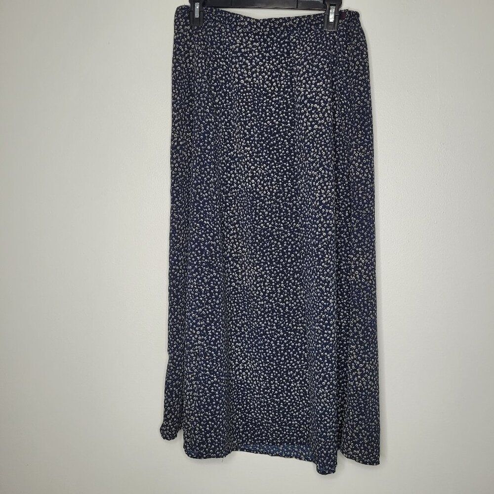 Vintage 90s navy blue tan ditsy floral cottage modest trad wife maxi skirt 10
